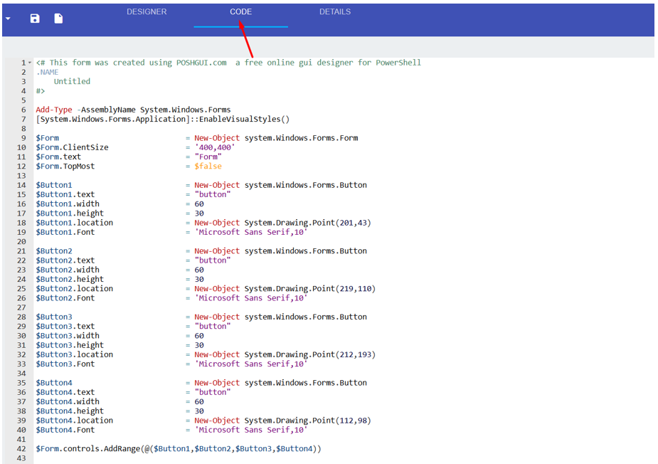 Move from "DESIGNER" to "CODE" on the menu.